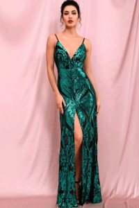 E057 Dark Green Mesh Sequin Dress